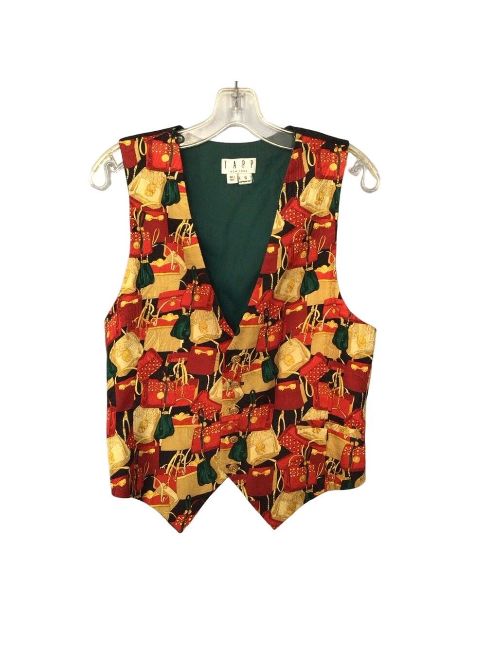 Tapp Vintage 100% Silk Purse Print Vest Small Red Gold Chain